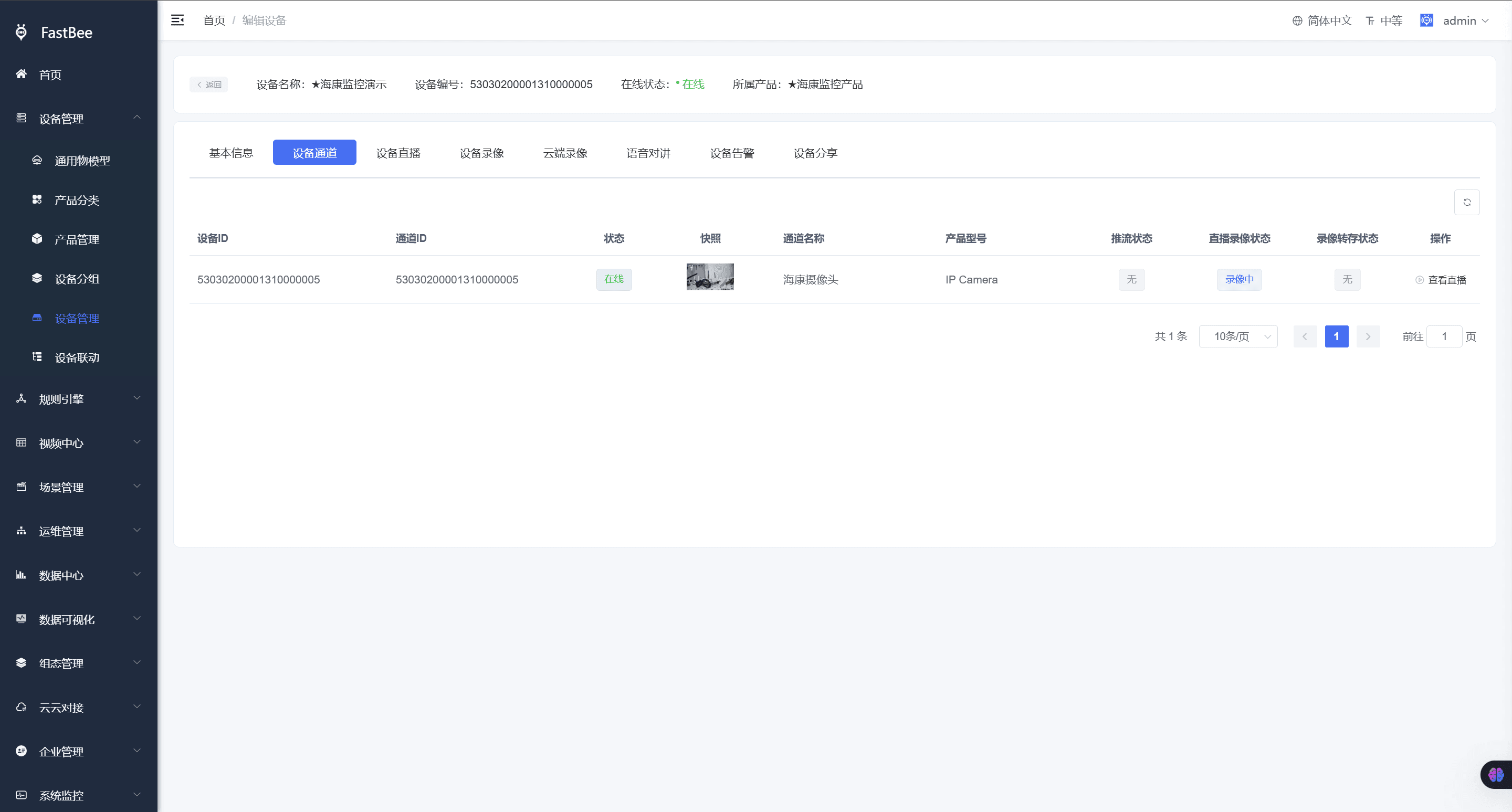 Screenshot of the Device Channels page