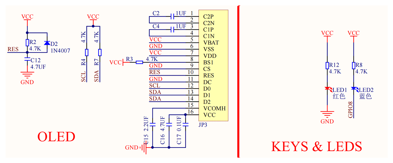 ESP32-C3 原理图（OLED 与按键 LED 部分）