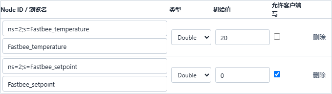 温度初值20且只读;设定值初值0且可写。
