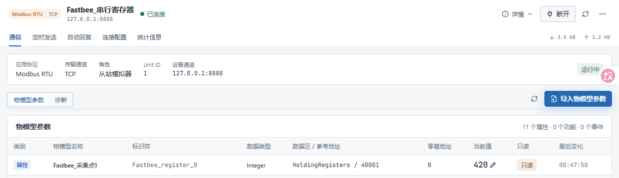 正常恢复连接后,保留当前会话、Modbus RTU/TCP、流量、地址0当前420与变化时间。