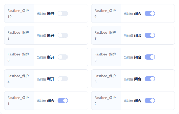 保护1、2、3、5、7、9闭合；保护4、6、8、10断开。平台保留值与保存配置后重新初始化的本地点表分别核对。