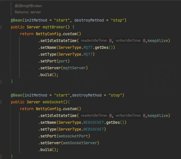 MQTT & WebSocket service startup class screenshot