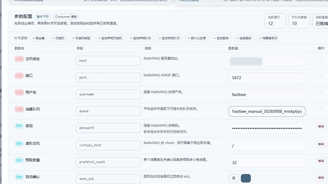 指令下行独立填写连接资料及本批次消费队列;密码隐藏,队列与上行交换机不同。