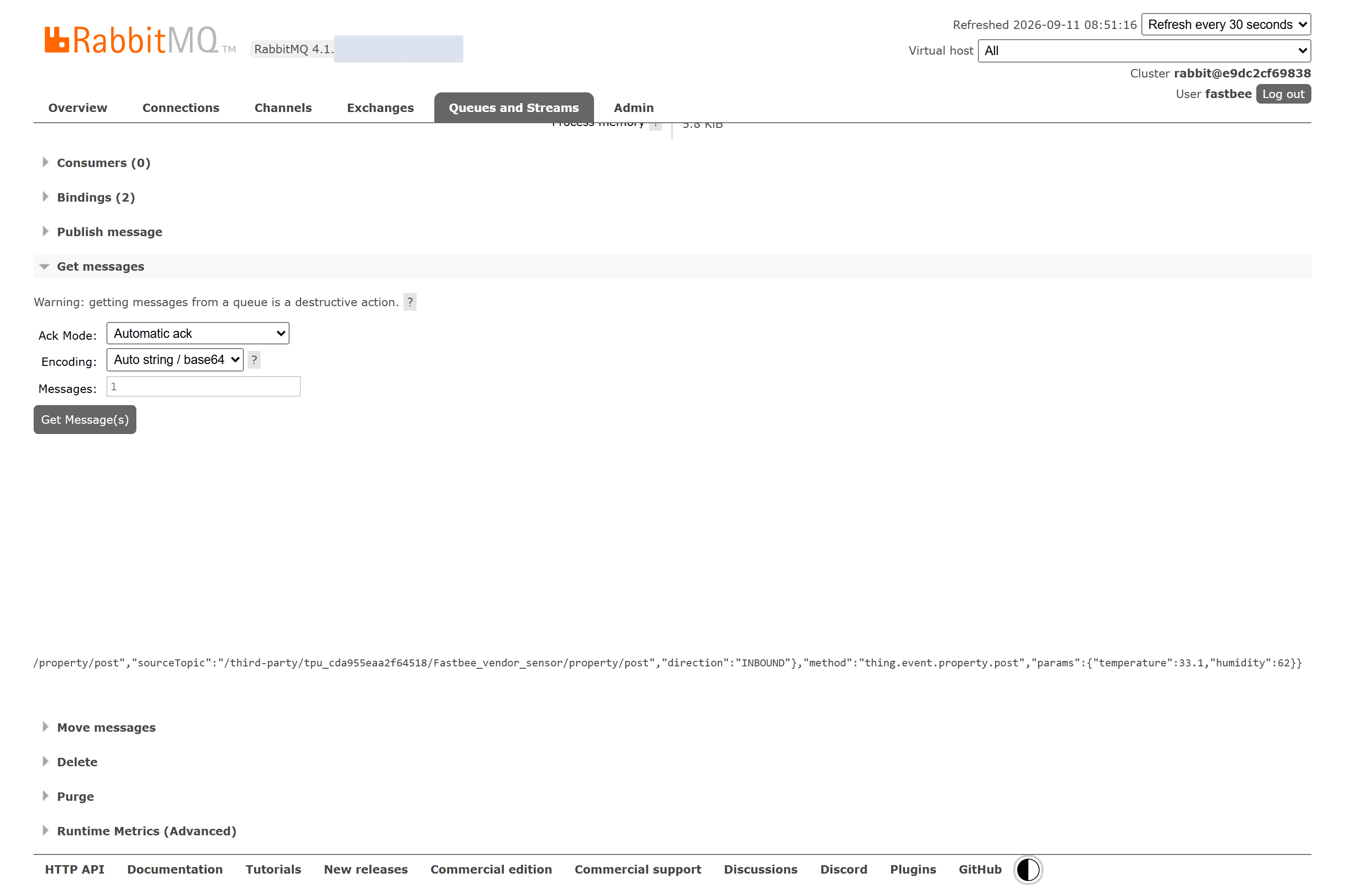 RabbitMQ 专用队列收到标准 Alink 消息,业务参数 temperature=33.1。