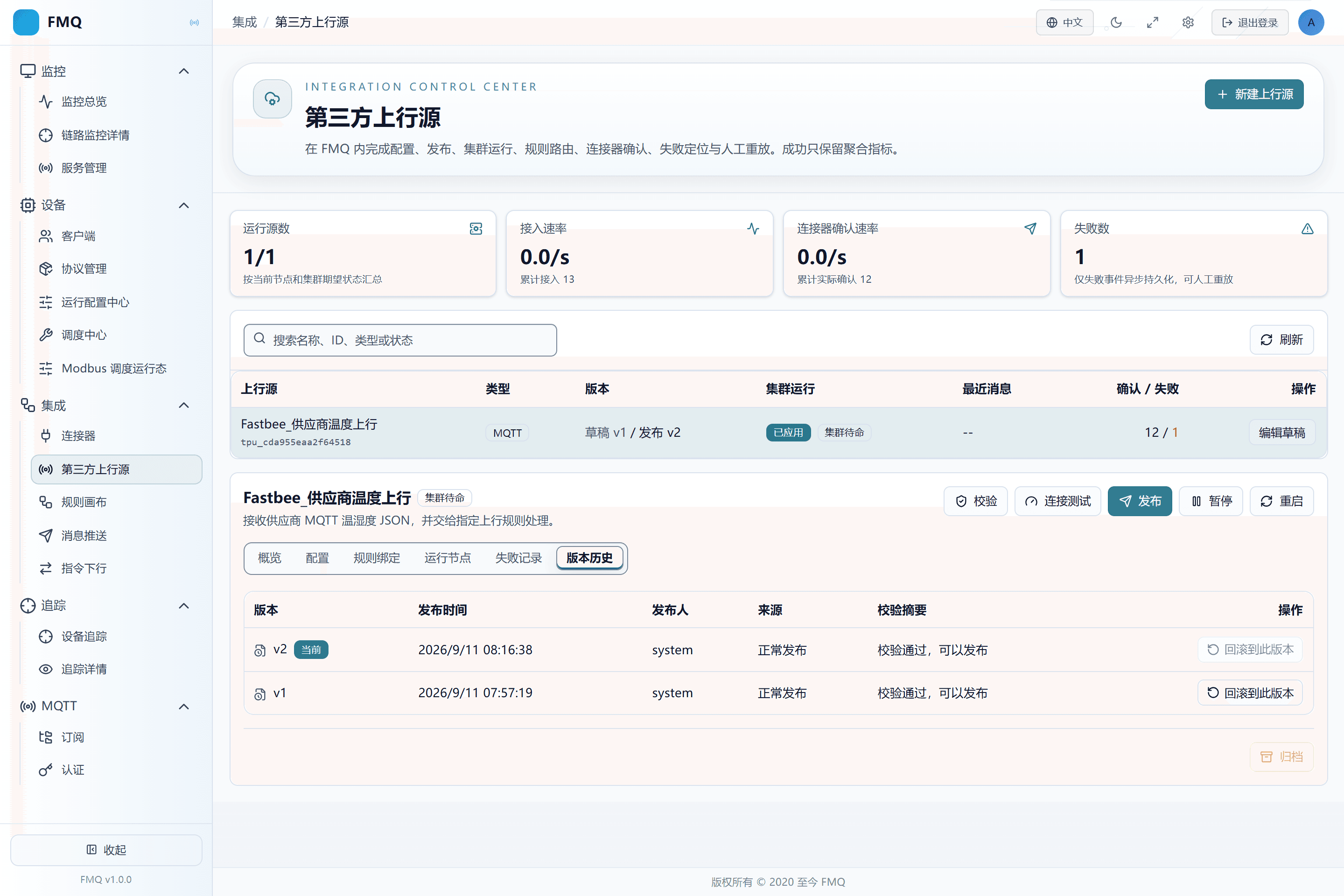 版本历史显示当前发布版本 v2;回滚会生成新的发布版本,版本号不会倒退。