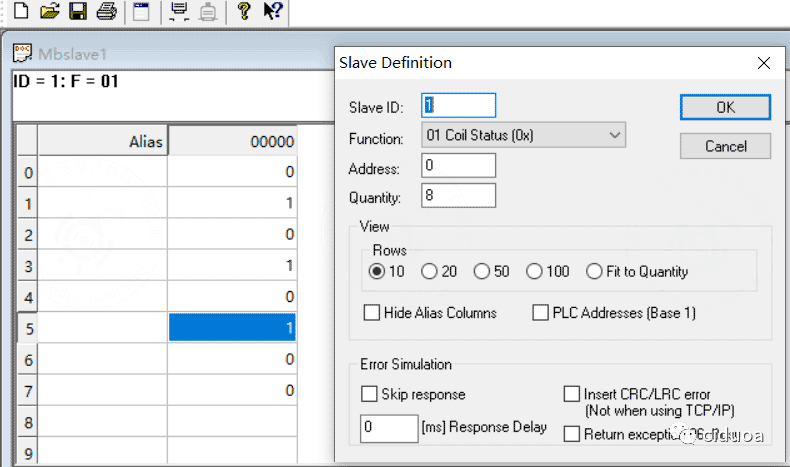 Modbus Slave settings before writing coils