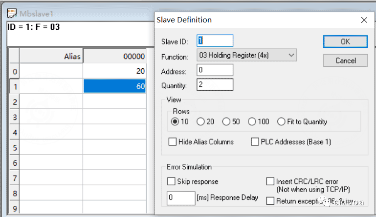 Modbus Slave settings before writing registers